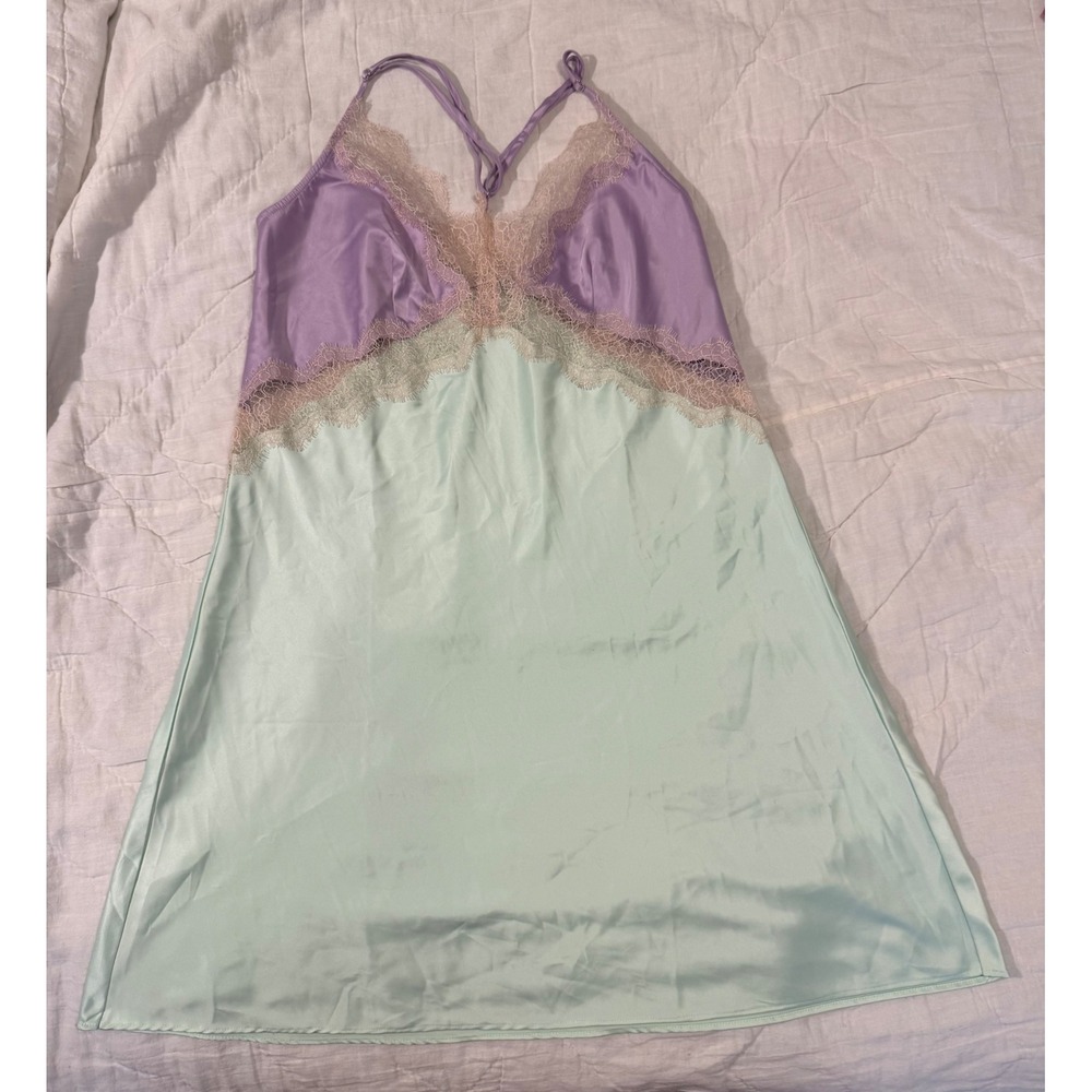 Victorias Secret Satin Lace Slip Dress Mint Purple Lingerie Chemise Nightgown L